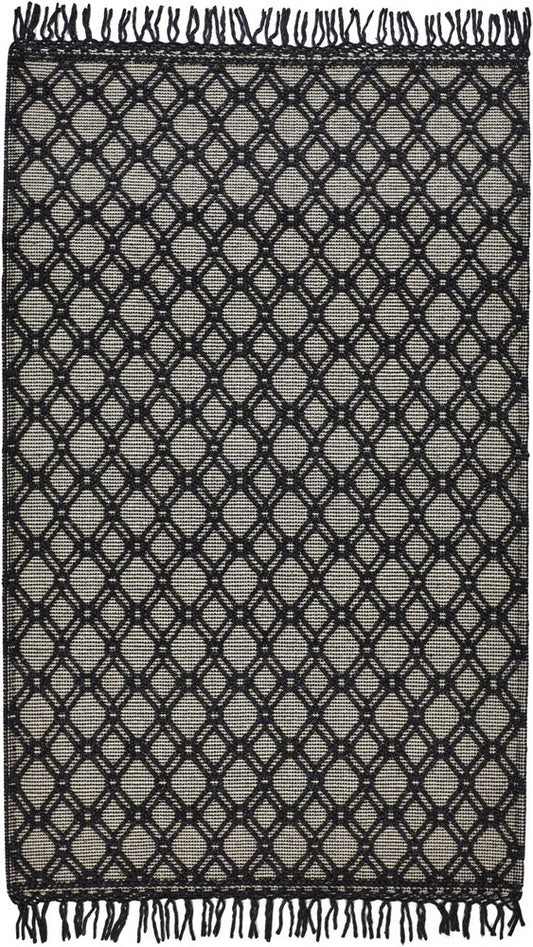 5' X 8' Black And Ivory Wool Geometric Hand Woven Area Rug With Fringe