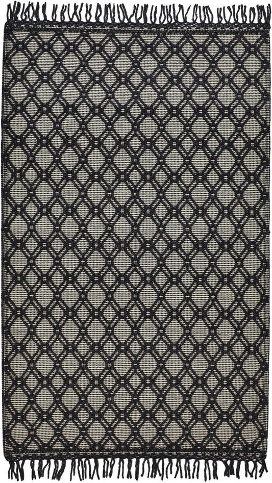 5' X 8' Black And Ivory Wool Geometric Hand Woven Area Rug With Fringe