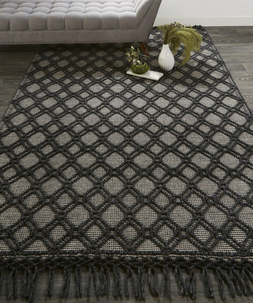 5' X 8' Black And Ivory Wool Geometric Hand Woven Area Rug With Fringe