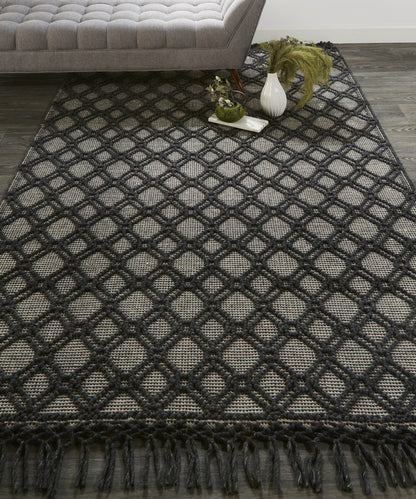 5' X 8' Black And Ivory Wool Geometric Hand Woven Area Rug With Fringe