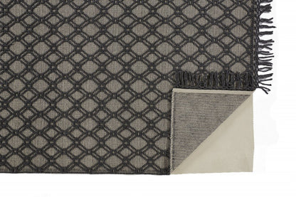 5' X 8' Black And Ivory Wool Geometric Hand Woven Area Rug With Fringe