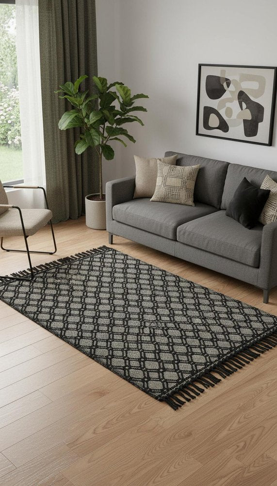 5' X 8' Black And Ivory Wool Geometric Hand Woven Area Rug With Fringe