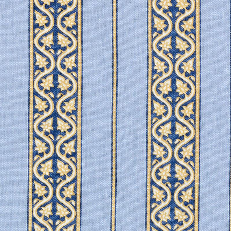 Light blue striped fabric with dark blue borders and gold ornate vine motifs; suitable for upholstery or wallpaper.