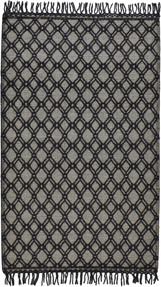 5' X 8' Black And Ivory Wool Geometric Hand Woven Area Rug With Fringe