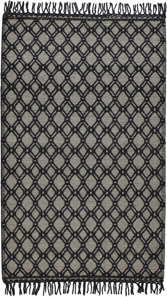 5' X 8' Black And Ivory Wool Geometric Hand Woven Area Rug With Fringe