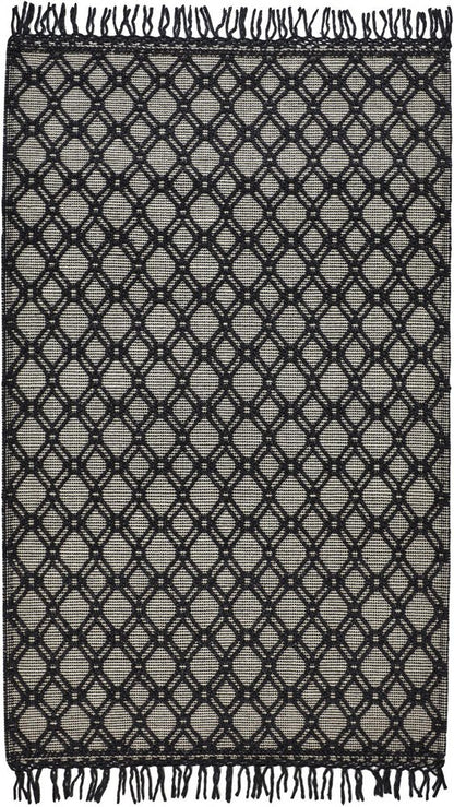 5' X 8' Black And Ivory Wool Geometric Hand Woven Area Rug With Fringe