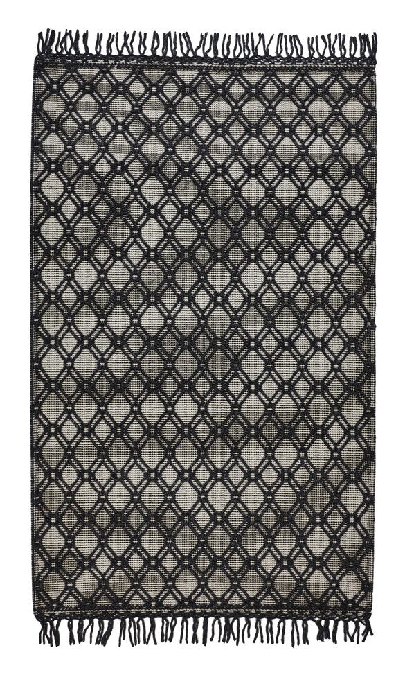 5' X 8' Black And Ivory Wool Geometric Hand Woven Area Rug With Fringe