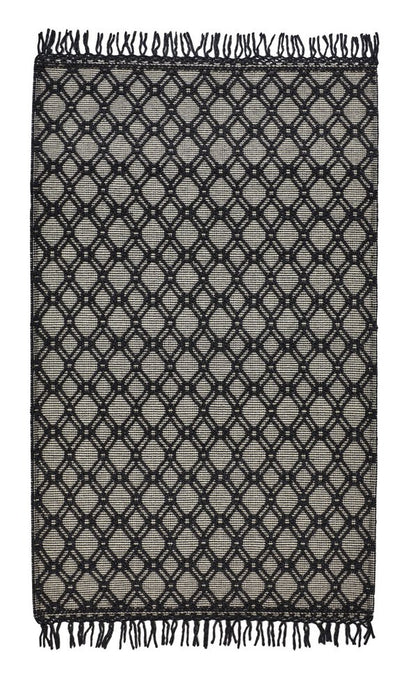 5' X 8' Black And Ivory Wool Geometric Hand Woven Area Rug With Fringe