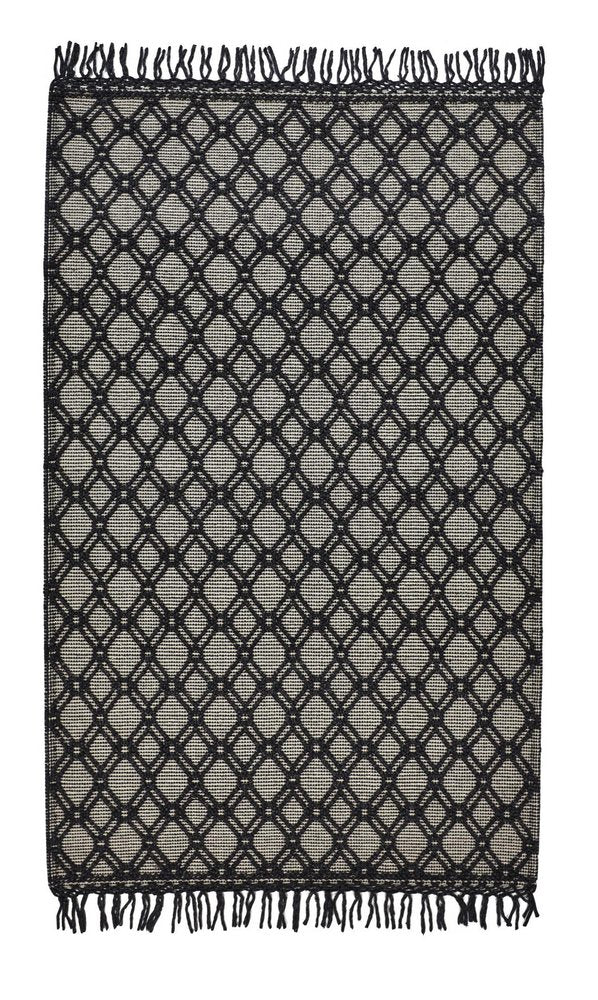 5' X 8' Black And Ivory Wool Geometric Hand Woven Area Rug With Fringe