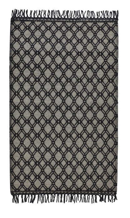 5' X 8' Black And Ivory Wool Geometric Hand Woven Area Rug With Fringe