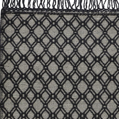 5' X 8' Black And Ivory Wool Geometric Hand Woven Area Rug With Fringe