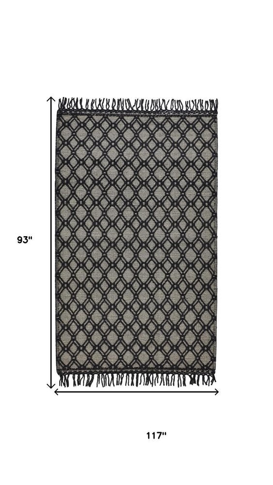 5' X 8' Black And Ivory Wool Geometric Hand Woven Area Rug With Fringe