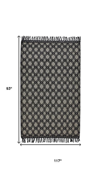 5' X 8' Black And Ivory Wool Geometric Hand Woven Area Rug With Fringe