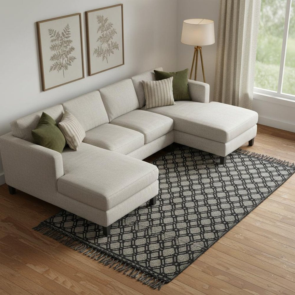5' X 8' Black And Ivory Wool Geometric Hand Woven Area Rug With Fringe