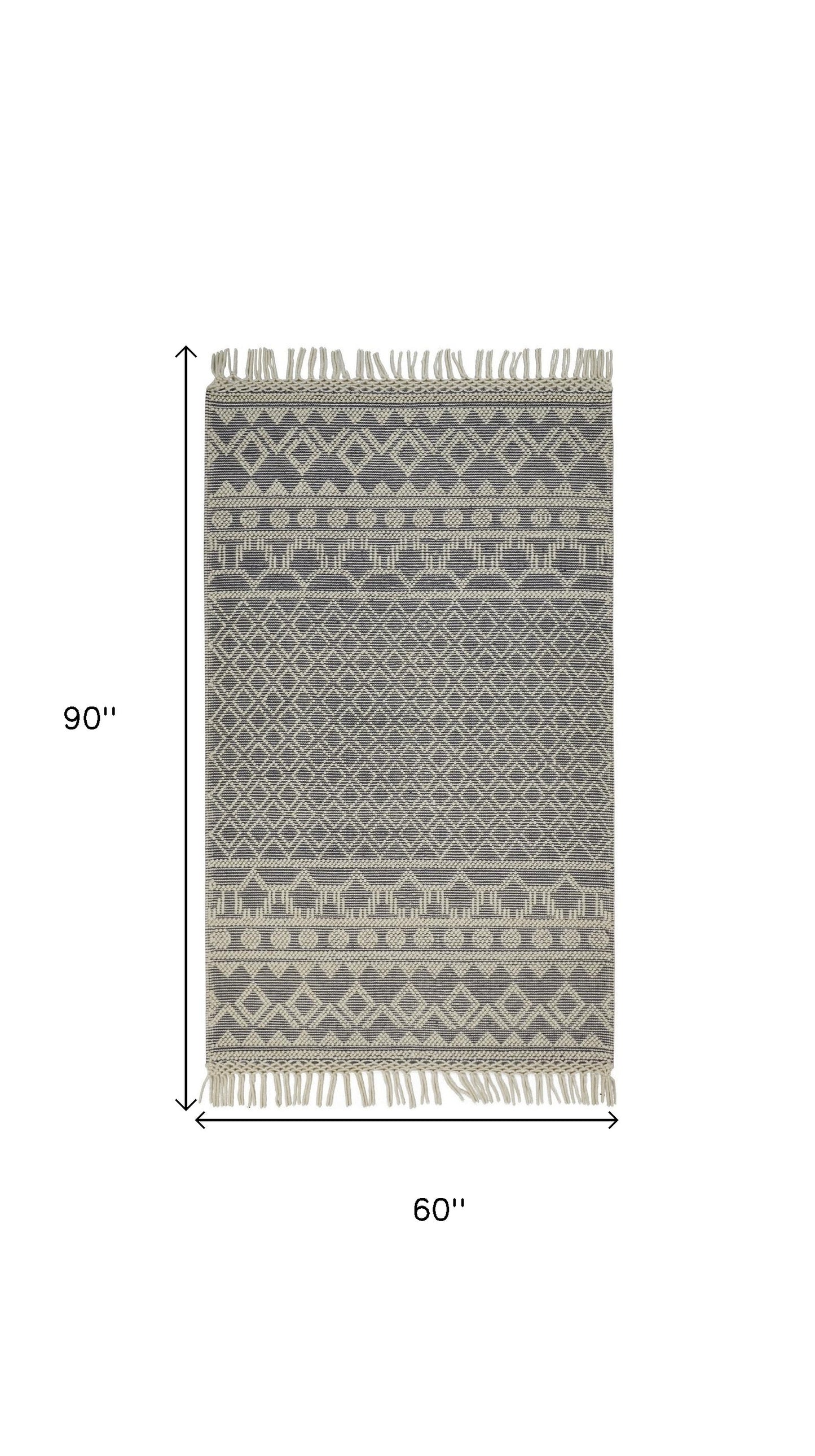 5' X 8' Ivory And Tan Wool Geometric Hand Woven Area Rug With Fringe