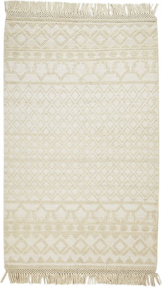 5' X 8' Ivory Wool Geometric Hand Woven Area Rug With Fringe