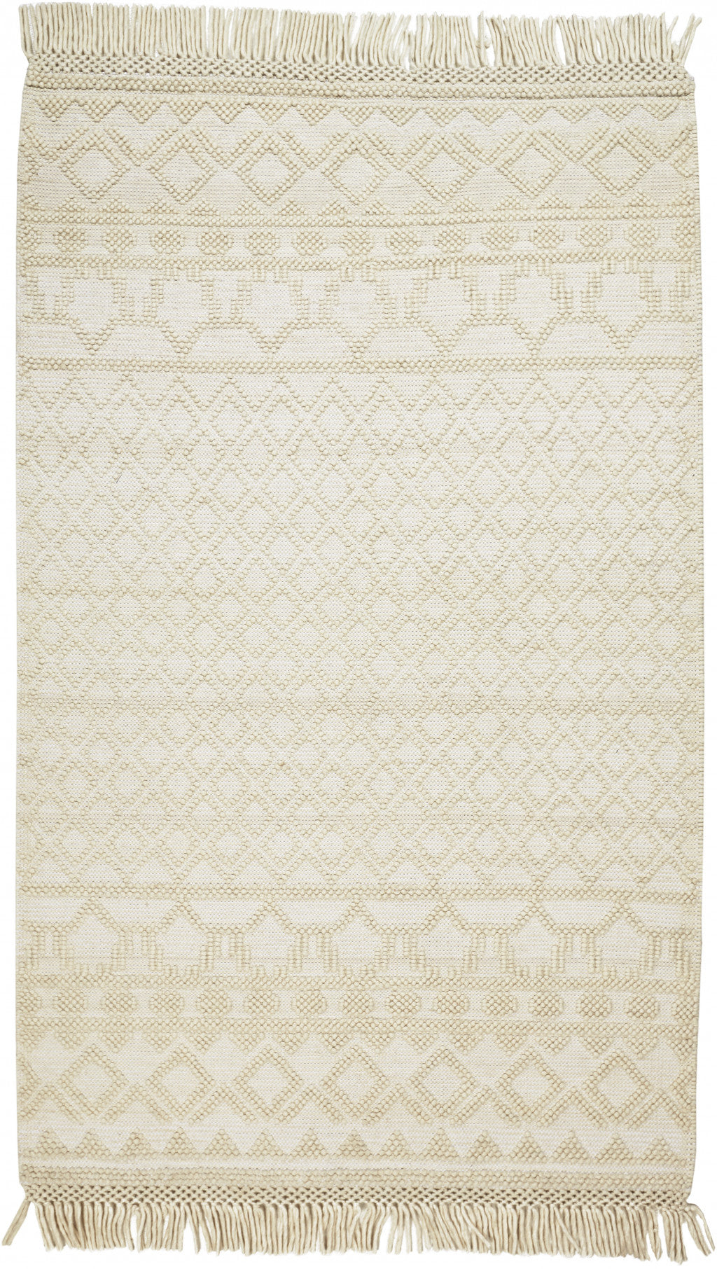 5' X 8' Ivory And Tan Wool Geometric Hand Woven Area Rug With Fringe