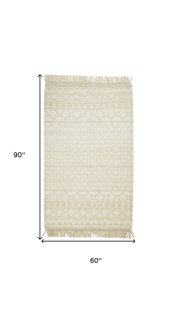 5' X 8' Ivory Wool Geometric Hand Woven Area Rug With Fringe