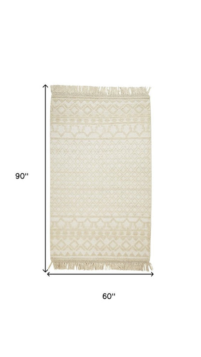 5' X 8' Ivory Wool Geometric Hand Woven Area Rug With Fringe