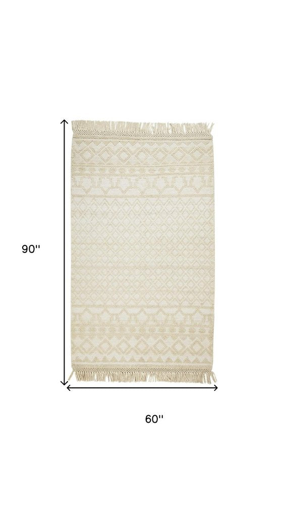5' X 8' Ivory Wool Geometric Hand Woven Area Rug With Fringe