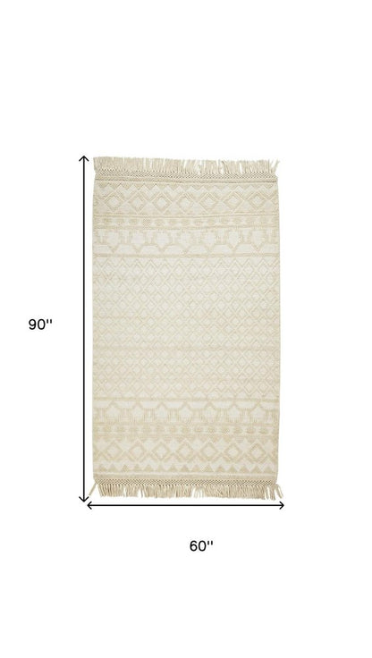 5' X 8' Ivory Wool Geometric Hand Woven Area Rug With Fringe