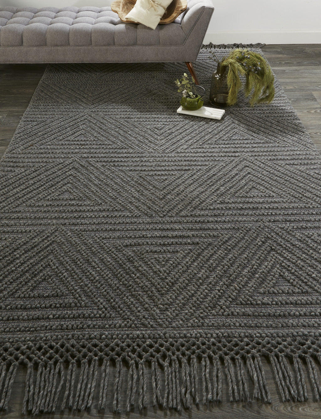 4' X 6' Gray Wool Geometric Hand Woven Area Rug With Fringe