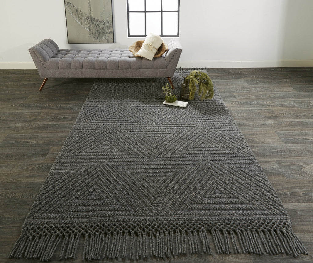 5' X 8' Gray Wool Geometric Hand Woven Area Rug With Fringe