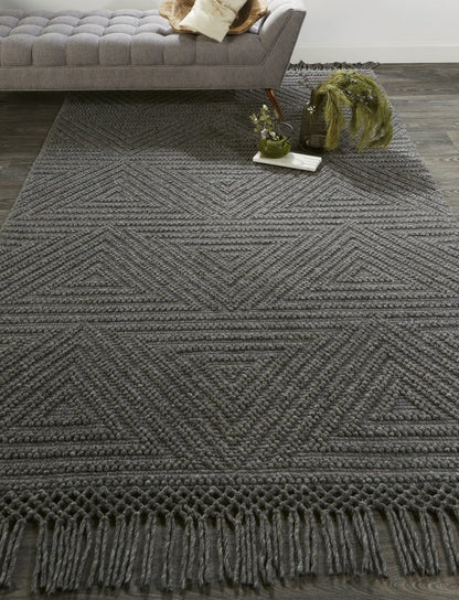 8' X 10' Gray Wool Geometric Hand Woven Area Rug With Fringe
