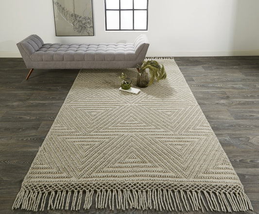 4' X 6' Gray Wool Geometric Hand Woven Area Rug With Fringe