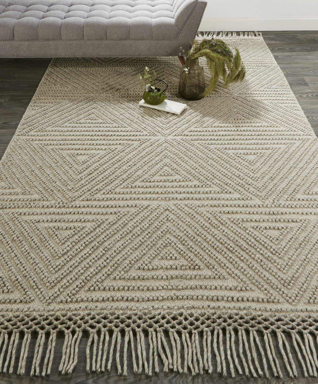 5' X 8' Gray Wool Geometric Hand Woven Area Rug With Fringe