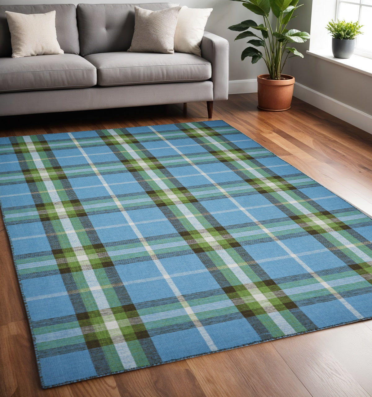 5' X 8' Blue and Green Abstract Hand Woven Area Rug