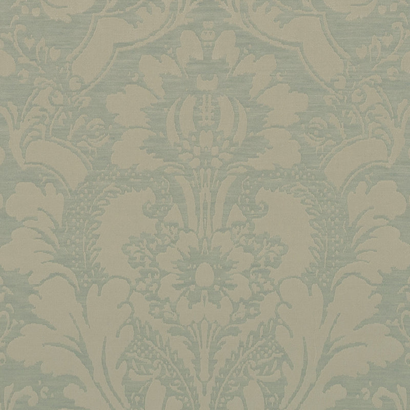 Pale teal damask fabric on cream background with a classic floral scroll pattern.