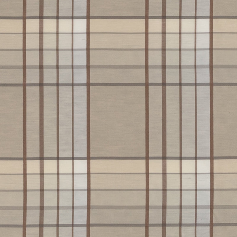 Beige plaid fabric with brown vertical and horizontal lines forming a grid; soft neutral textile for upholstery or curtains.