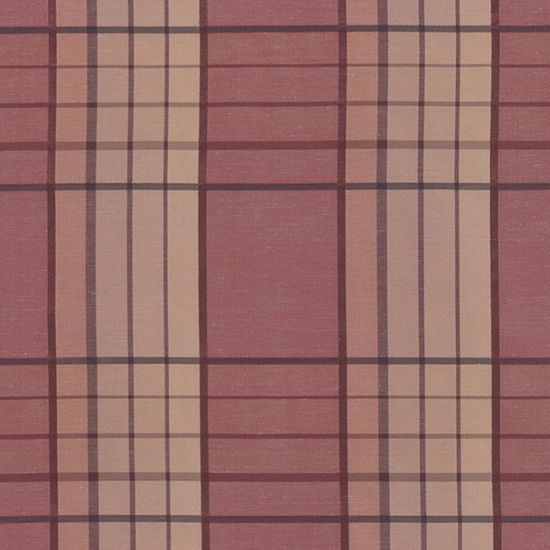 Maroon plaid fabric with beige and tan stripes and dark grid lines; versatile textile for clothing or upholstery