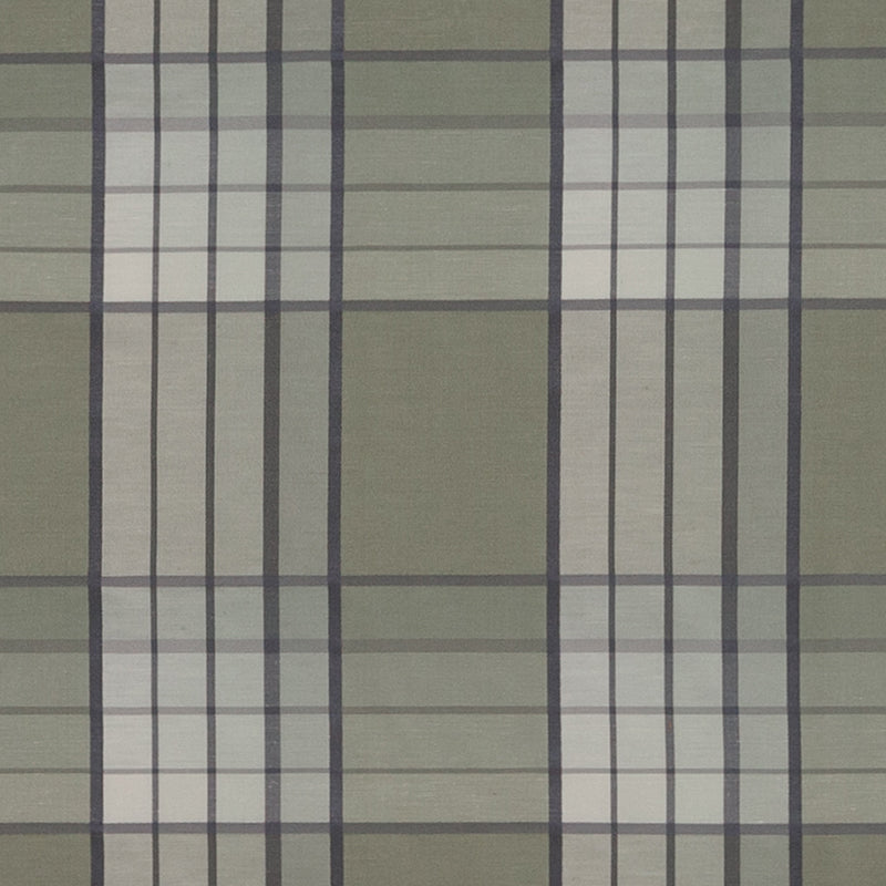 Olive green plaid fabric with cream and gray stripes forming a grid; versatile textile for upholstery or apparel.