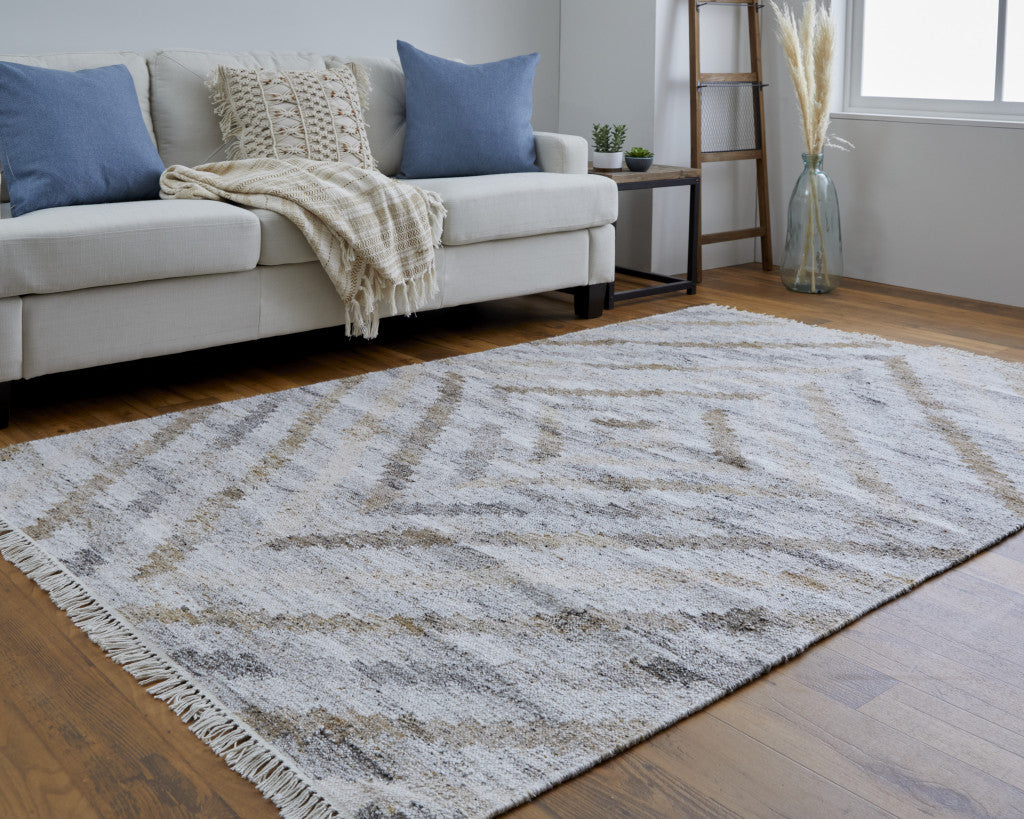 9' X 12' Gray and Brown Geometric Hand Woven Area Rug With Fringe