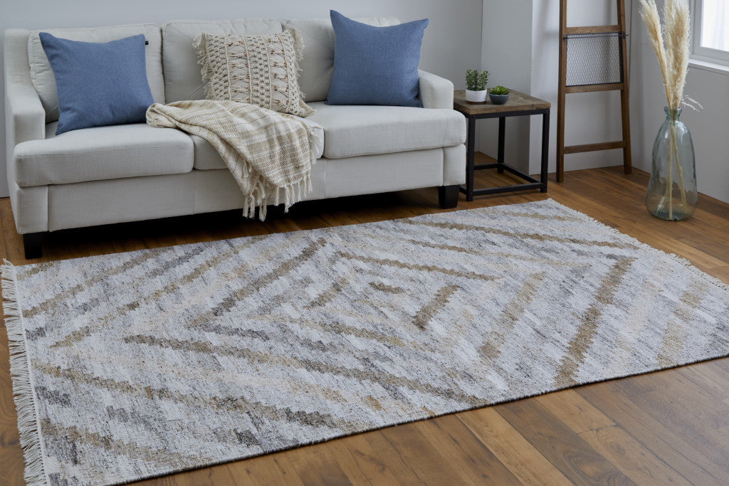 10' X 13' Gray and Brown Geometric Hand Woven Area Rug With Fringe