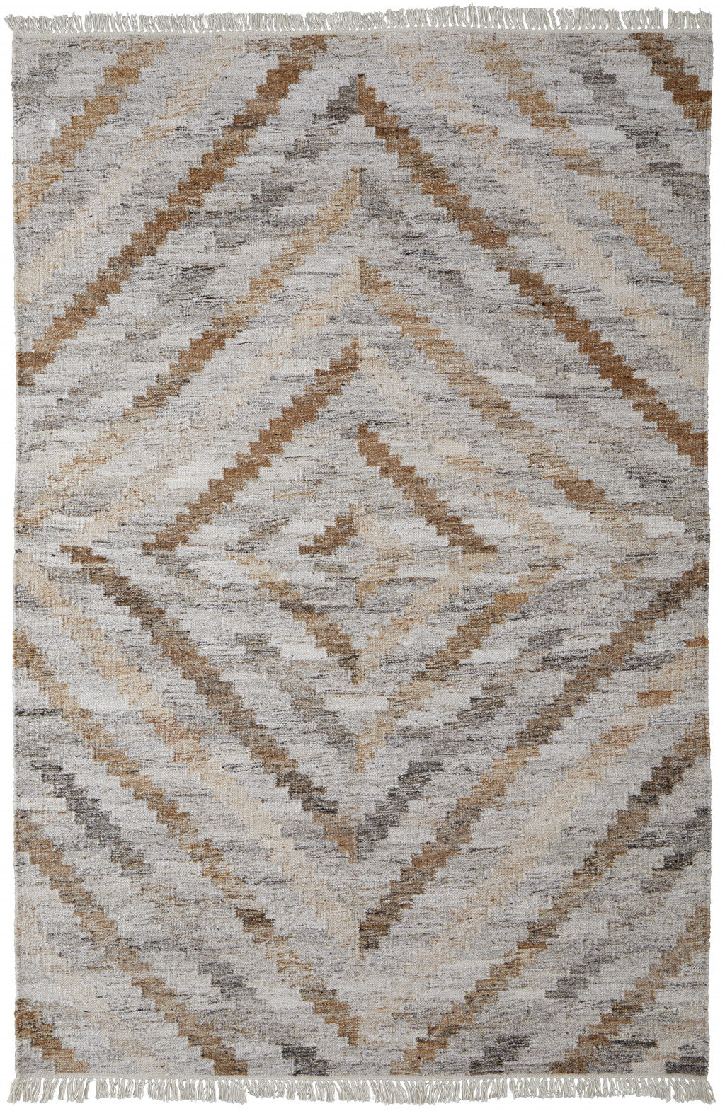 9' X 12' Gray and Brown Geometric Hand Woven Area Rug With Fringe