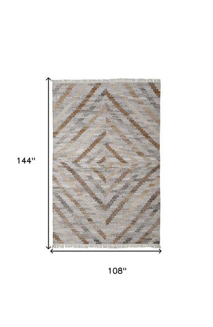 10' X 13' Gray and Brown Geometric Hand Woven Area Rug With Fringe