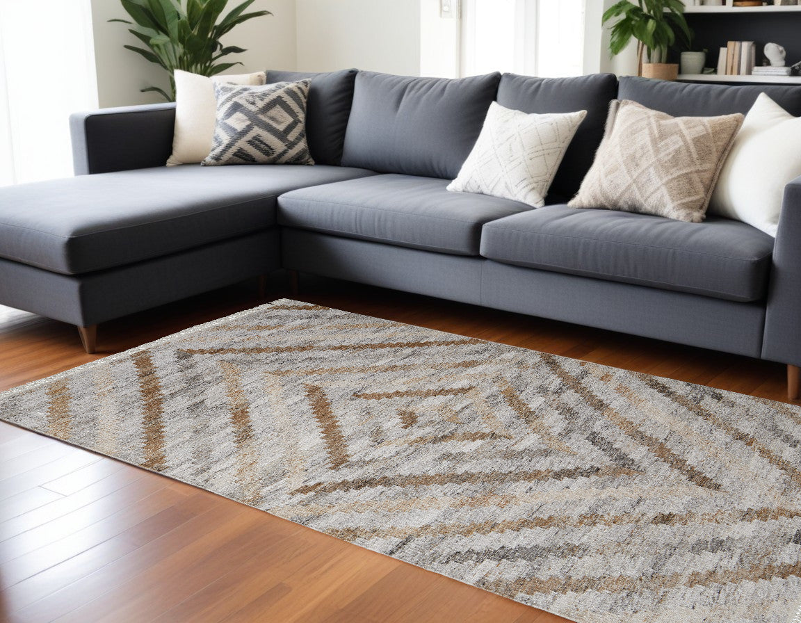 9' X 12' Gray and Brown Geometric Hand Woven Area Rug With Fringe