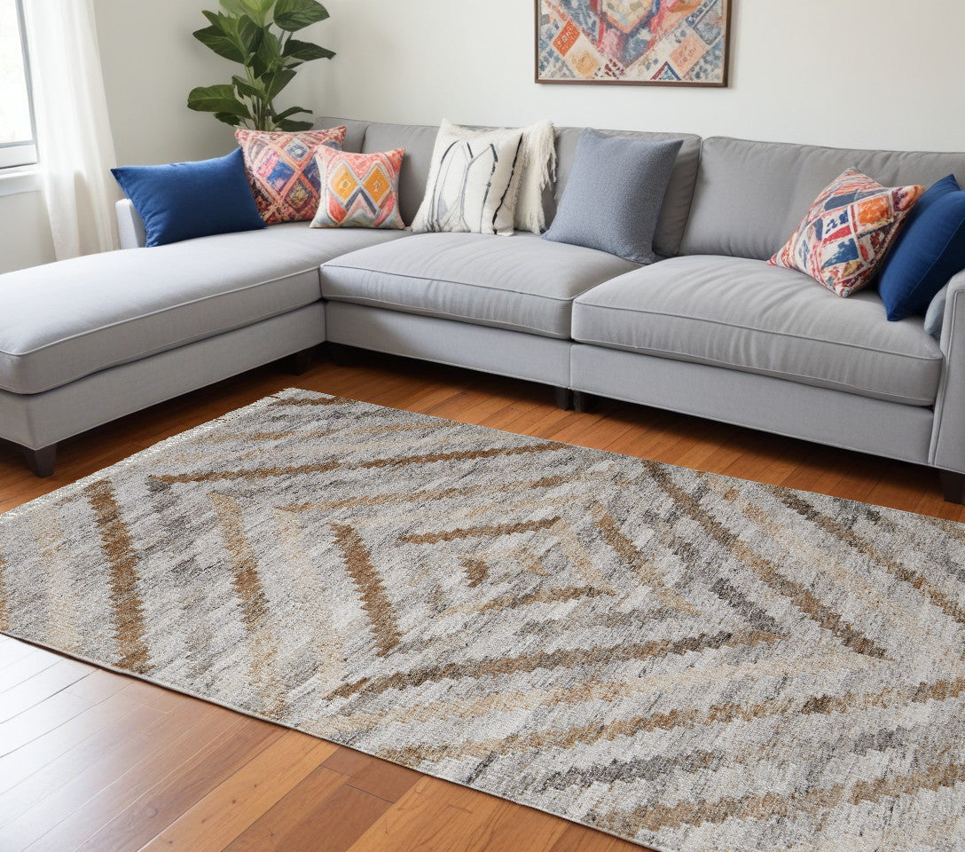 10' X 13' Gray and Brown Geometric Hand Woven Area Rug With Fringe