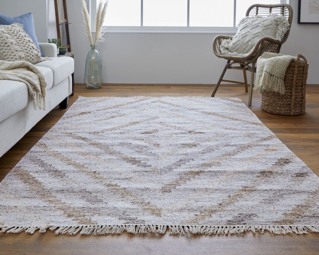 9' X 12' Gray and Brown Geometric Hand Woven Area Rug With Fringe