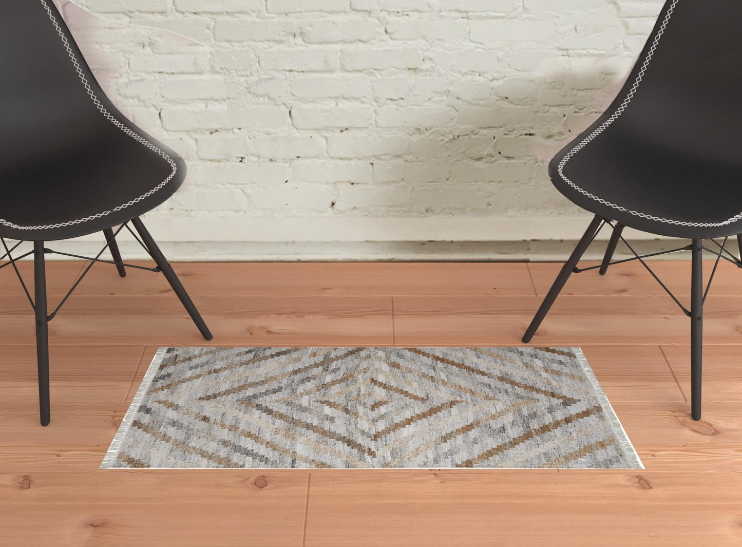 9' X 12' Gray and Brown Geometric Hand Woven Area Rug With Fringe