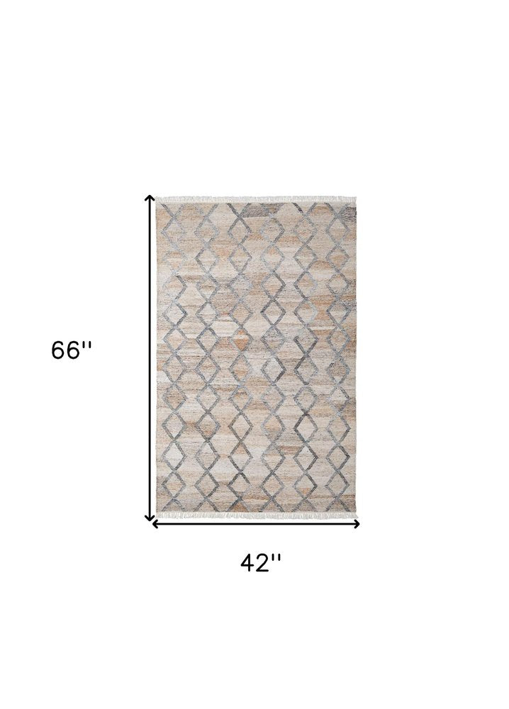 8' X 10' Gray and Ivory Geometric Hand Woven Area Rug With Fringe