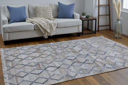 8' X 10' Gray and Ivory Geometric Hand Woven Area Rug With Fringe