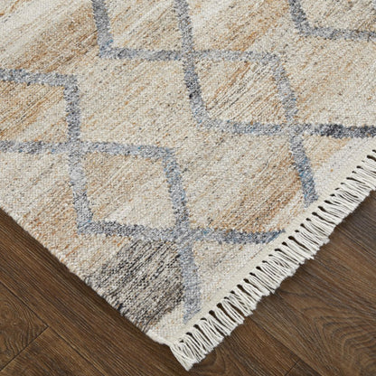 8' X 10' Gray and Ivory Geometric Hand Woven Area Rug With Fringe