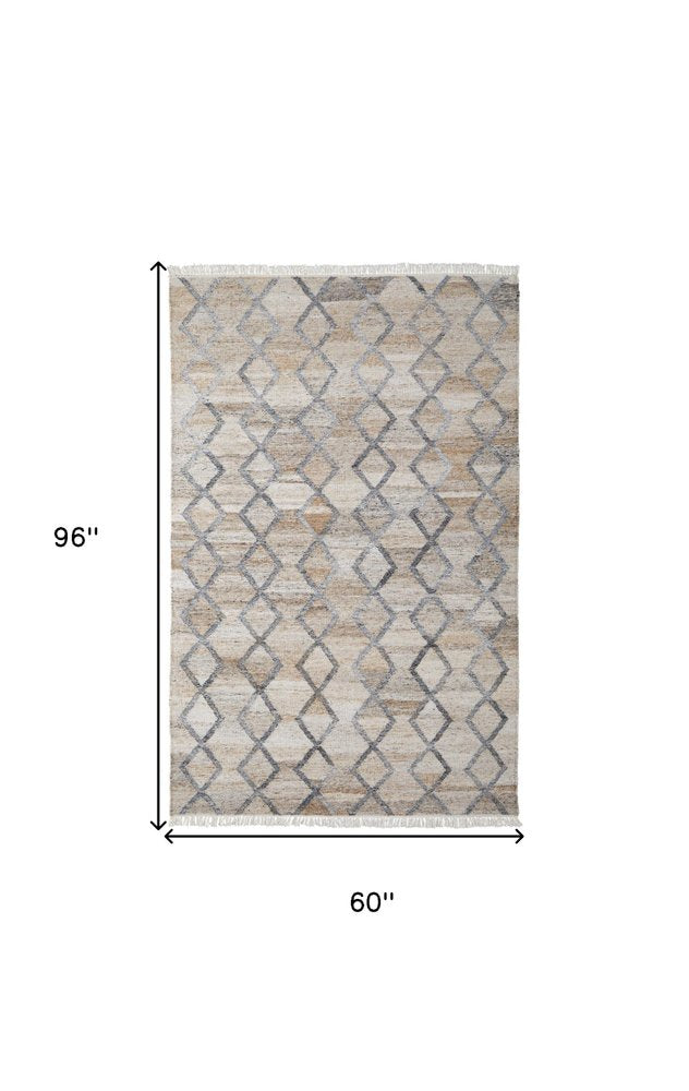 8' X 10' Gray and Ivory Geometric Hand Woven Area Rug With Fringe