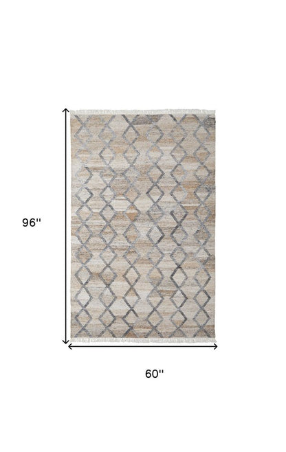 8' X 10' Gray and Ivory Geometric Hand Woven Area Rug With Fringe