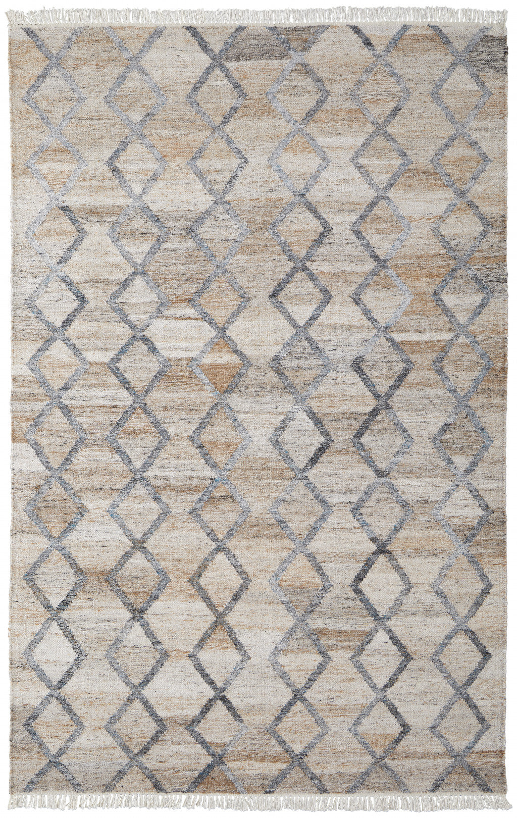 4' X 6' Gray Ivory And Tan Geometric Hand Woven Stain Resistant Area Rug With Fringe