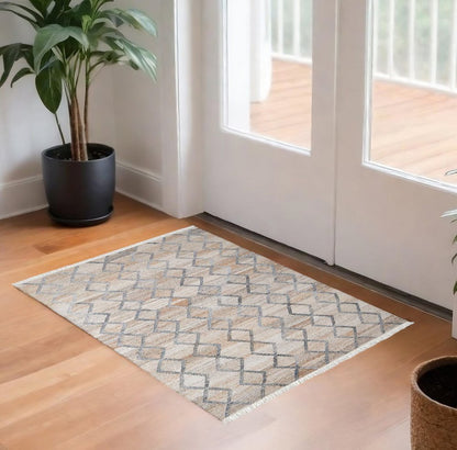 8' X 10' Gray and Ivory Geometric Hand Woven Area Rug With Fringe